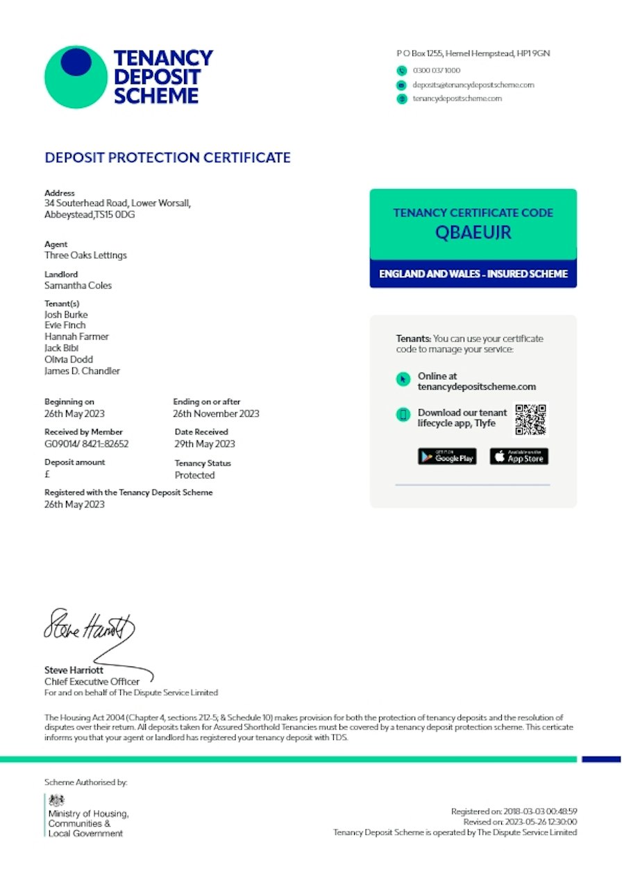 Deposit Protection Certificate for 34 Souterhead Road, Lower Worsall with tenant names, tenancy dates, deposit status as protected, certificate code QBAEJJR, and contact details of the Tenancy Deposit